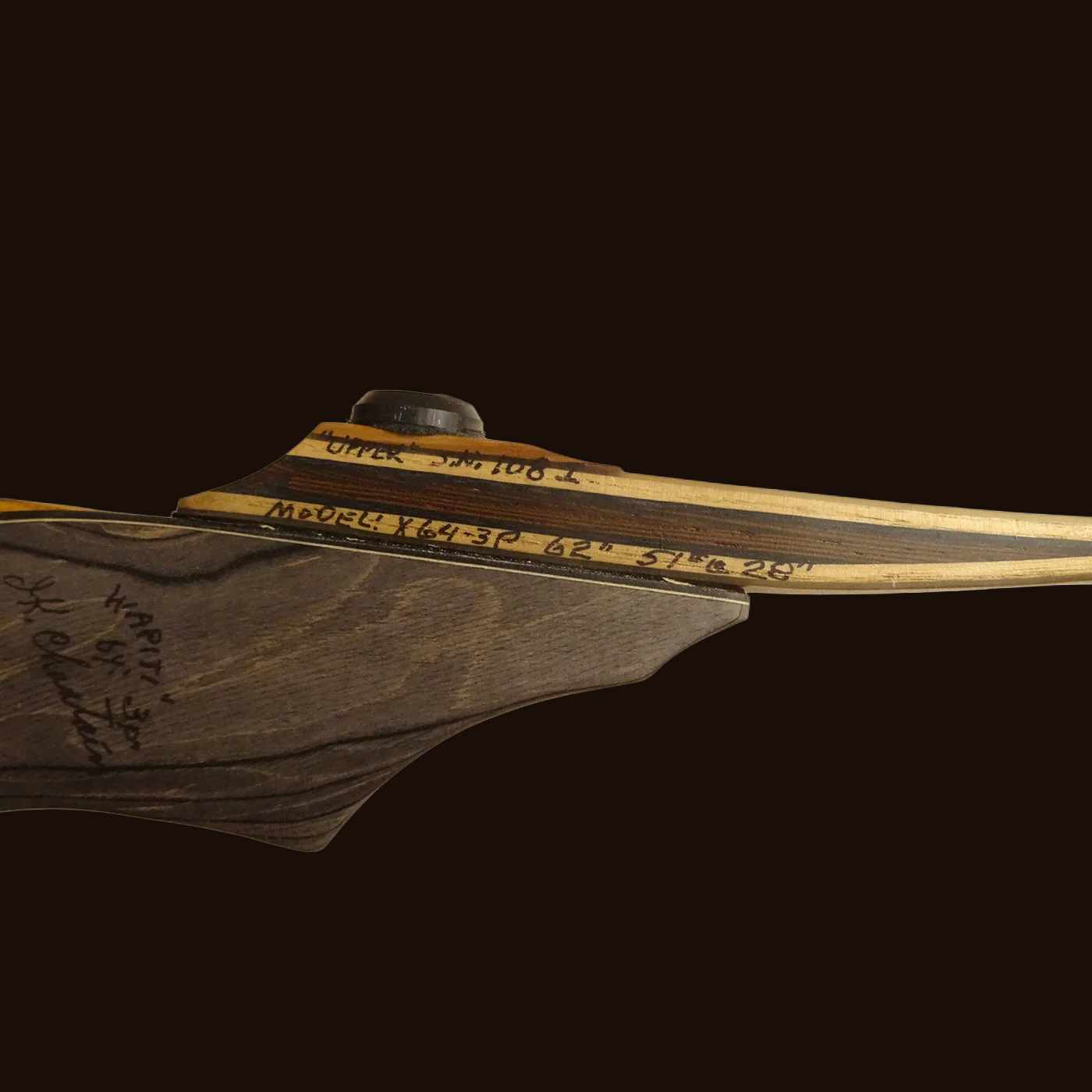 Close-up of Wapiti longbow limb detail and specs